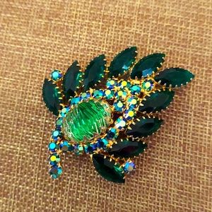 Julianna Green Rhinestone Leaf Brooch